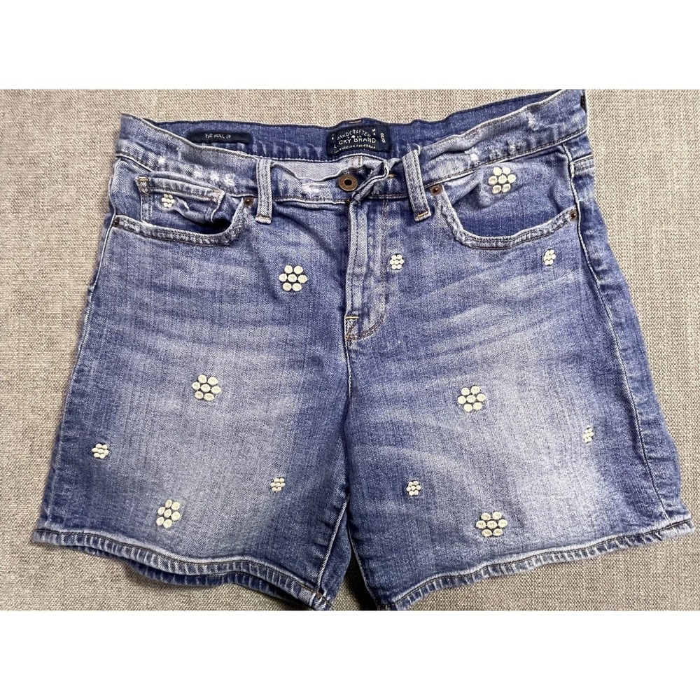 Lucky Brand The Roll Up Womens 10/30 Blue Denim Embroidered Floral Shorts